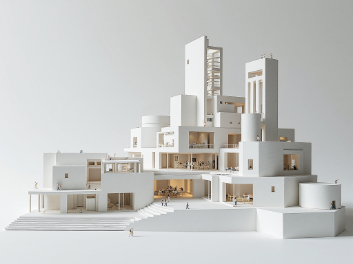 建筑模型，精细的建筑结构，复杂的几何造型，展示3D打印在建筑设计中的应用